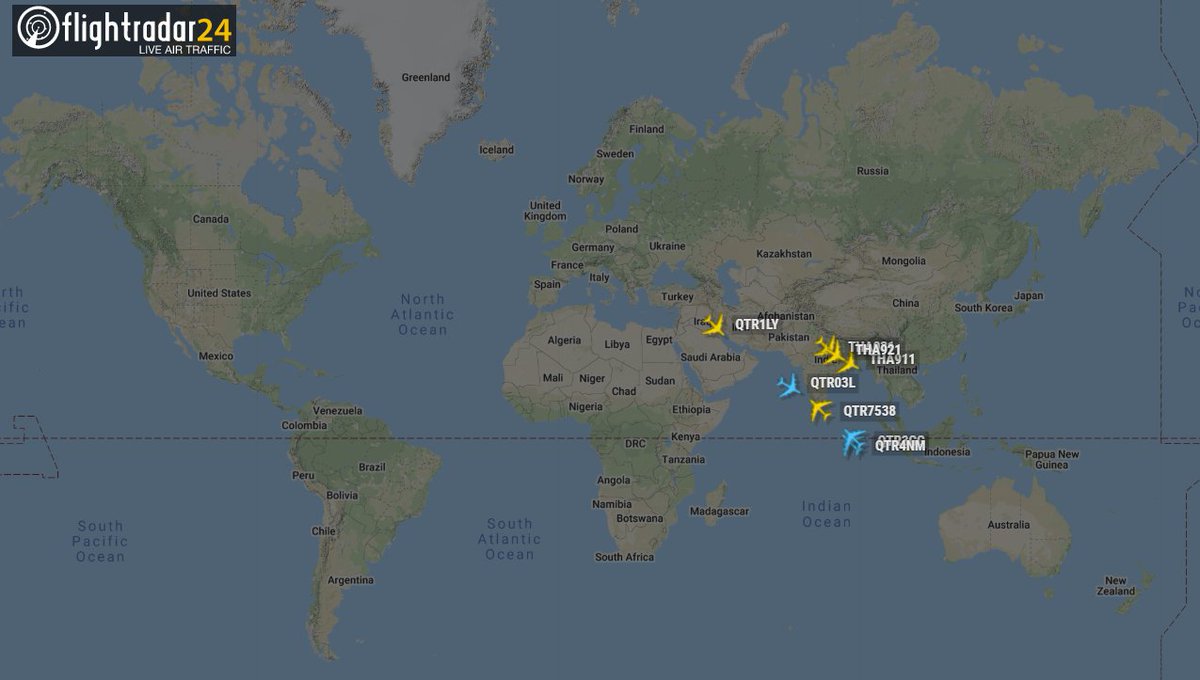 flightradar24's tweet photo. Just 8 Airbus A380 airborne.
5 x Qatar Airways and 3 x Thai Airways

Screenshot from March 31, 2020 - 20:00 UTC https://t.co/UuvrwAmw4i
