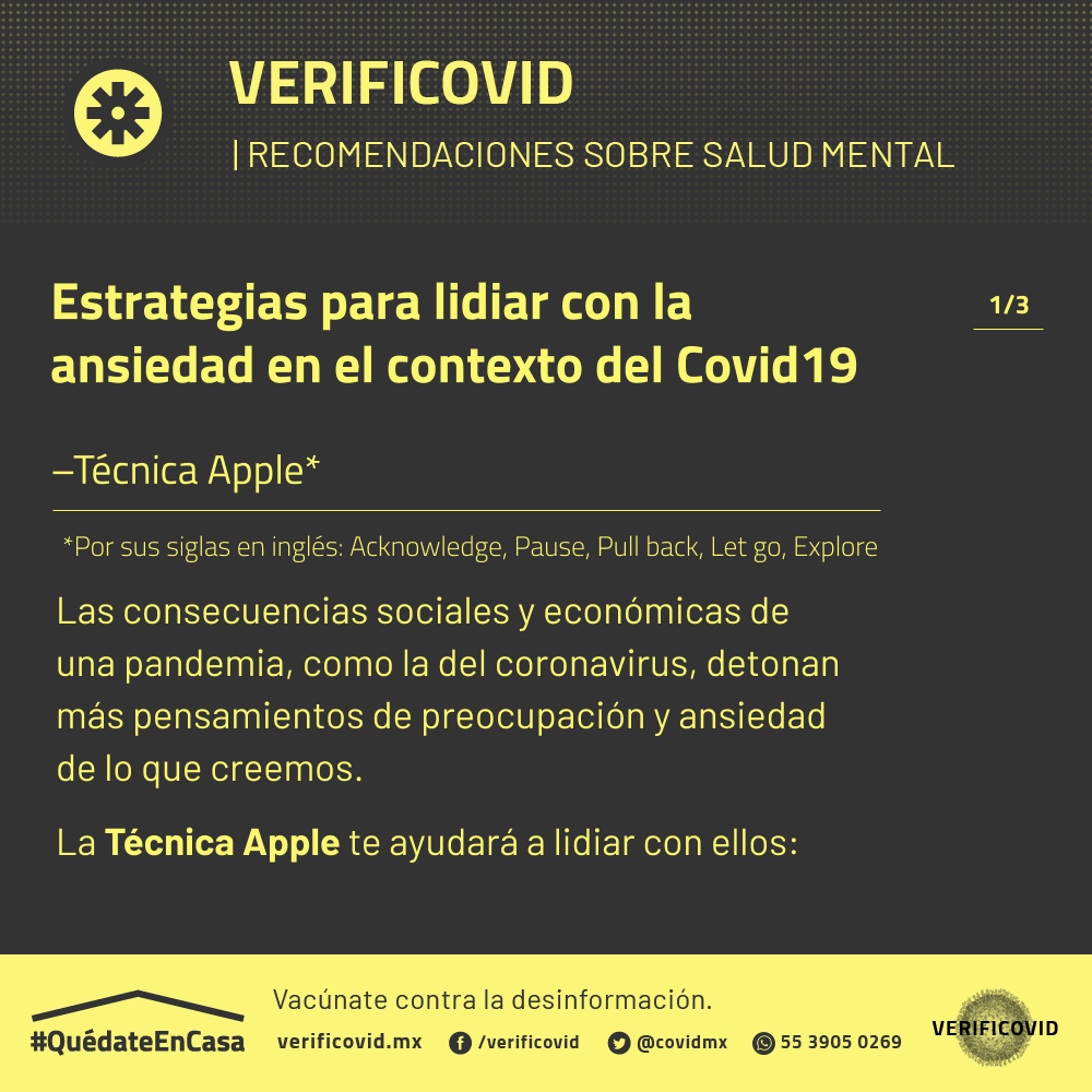 covidmx's tweet photo. ¿Cómo lidiar con la ansiedad en tiempos de #Covid_19? 

Los efectos sociales y económicos de una pandemia pueden detonar más ansiedad y preocupación de lo que creemos 😰😞. 

La Técnica Apple puede ayudarte 👇. https://t.co/h1TjhWvrVR