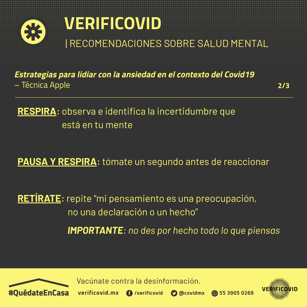 covidmx's tweet photo. ¿Cómo lidiar con la ansiedad en tiempos de #Covid_19? 

Los efectos sociales y económicos de una pandemia pueden detonar más ansiedad y preocupación de lo que creemos 😰😞. 

La Técnica Apple puede ayudarte 👇. https://t.co/h1TjhWvrVR