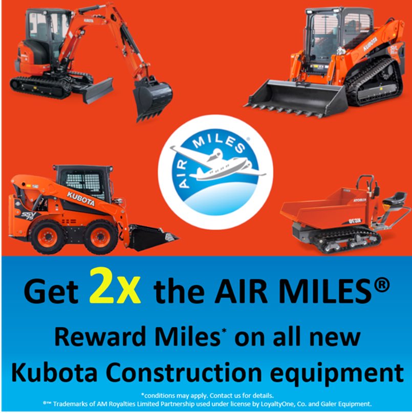 From March 31 to April 30, 2020, get 2x the AIR MILES® Reward Miles on select Kubota Models!*

We know times are tough currently and that’s why we have moved our showroom online! Even though our physical showroom is closed off the public, our online showroom is open for business!