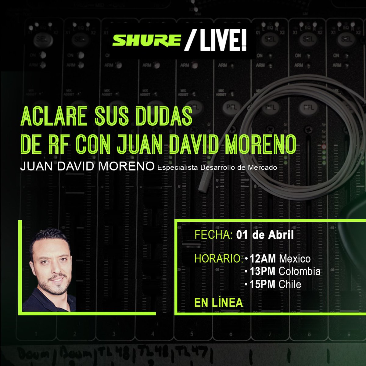 ProSonidoEC's tweet photo. No te pierdas el #ShureLive especial 📺
.
🎤Aclara tus dudas sobre RF 🎤
Panelista: Juan David Moreno
.
Transmisión en vivo por Facebook Live
👉 https://t.co/oGlGA08WKa 👈
Fecha: 1 Abril - 13hrs
.
.
#SeminarioShure
#Shure
#Shurelive
#Facebooklive
#Microfono
#RF
#AudioProfesional https://t.co/W6lCKZwI6e