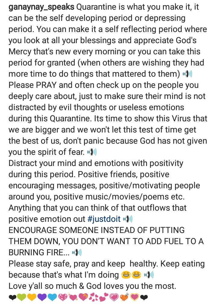 RoxxyDavis's tweet photo. Instagram:Ganaynay_speaks 

Share to motivate others Worldwide.

#quarantinemotivation #TheLockdown #PositiveVibes #TuesdayThoughts #StayAtHome #COVID19 https://t.co/yMRDjzbRNh