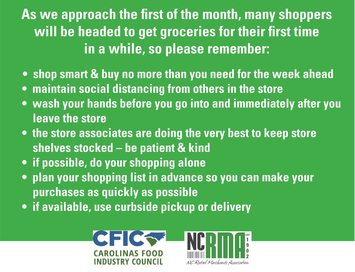 Tomorrow is the first of the month.  Please keep that in mind when shopping for the essentials.  #ShopNC #NCRetail #PlanAhead #ShopSmart #SocialDistance #COVIDー19 #ncgov #ncga