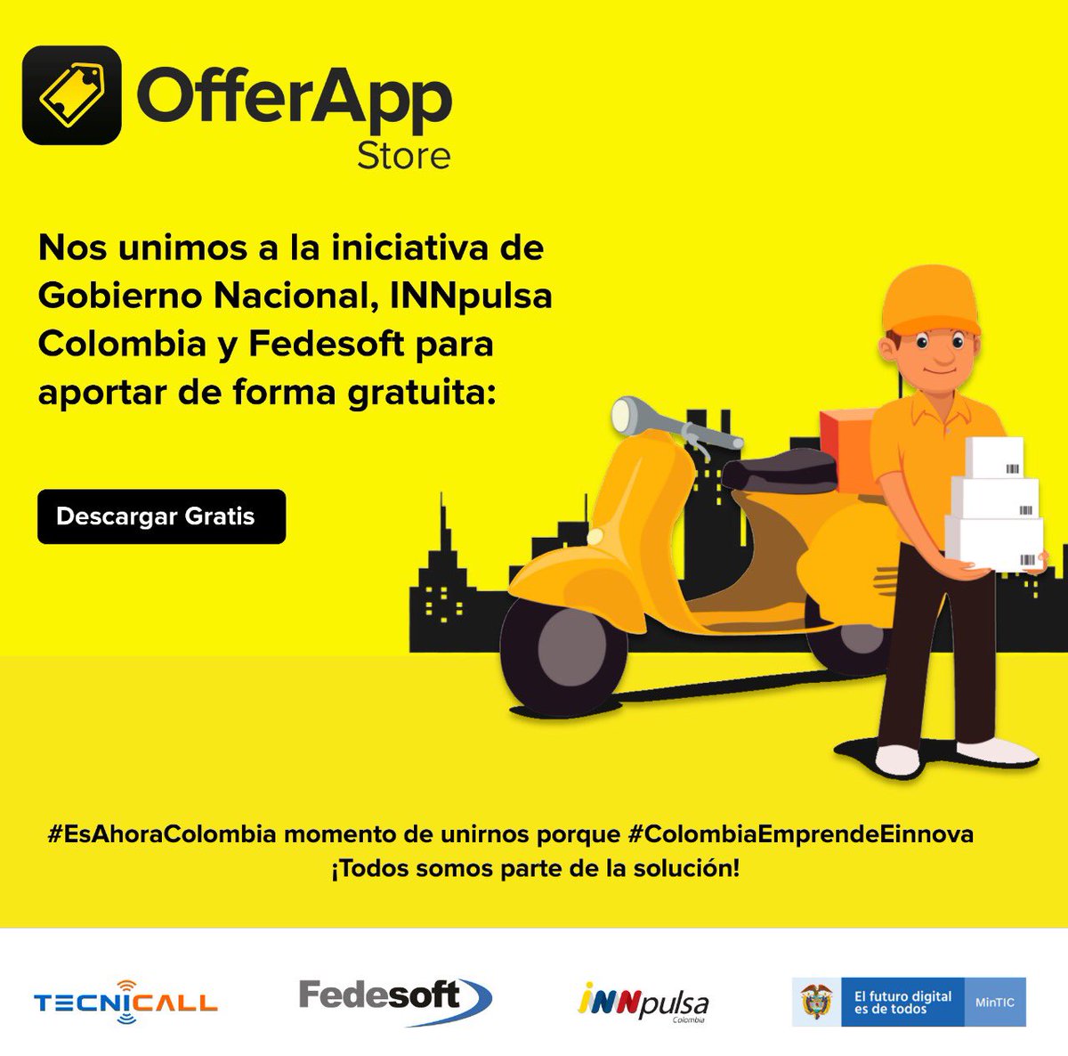 tecnicallco's tweet photo. Somos hoy tú mejor aliado para trabajar con tu equipo de domicilios. Nos unimos a la iniciativa de @GobDigitalCO @InnpulsaCol y @FedesoftCol para aportar de forma gratuita durante la crisis nuestra plataforma móvil. Más información en la web de  @offerapp @offerappstore https://t.co/kB0RKzby1v