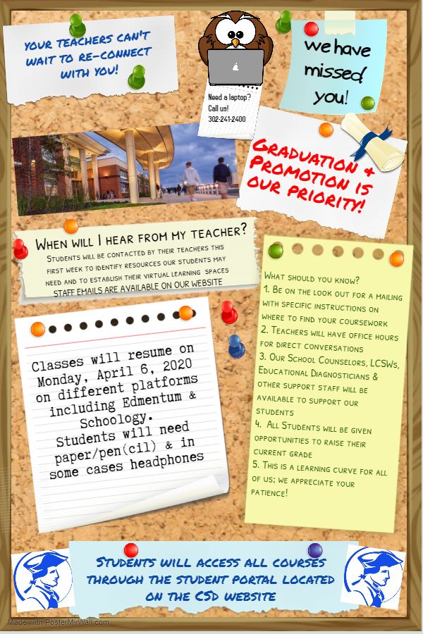 CSDDoverHigh's tweet photo. Courses will resume virtually with Ts contacting Ss this wk &amp; Ss being fully engaged by Mon 4/6. Please review this graphic for key info. A mailing with details will be arriving at your homes soon. Thank you for your patience, we are excited to welcome our students "back!" #ALLIN https://t.co/f2j2lFfqlX