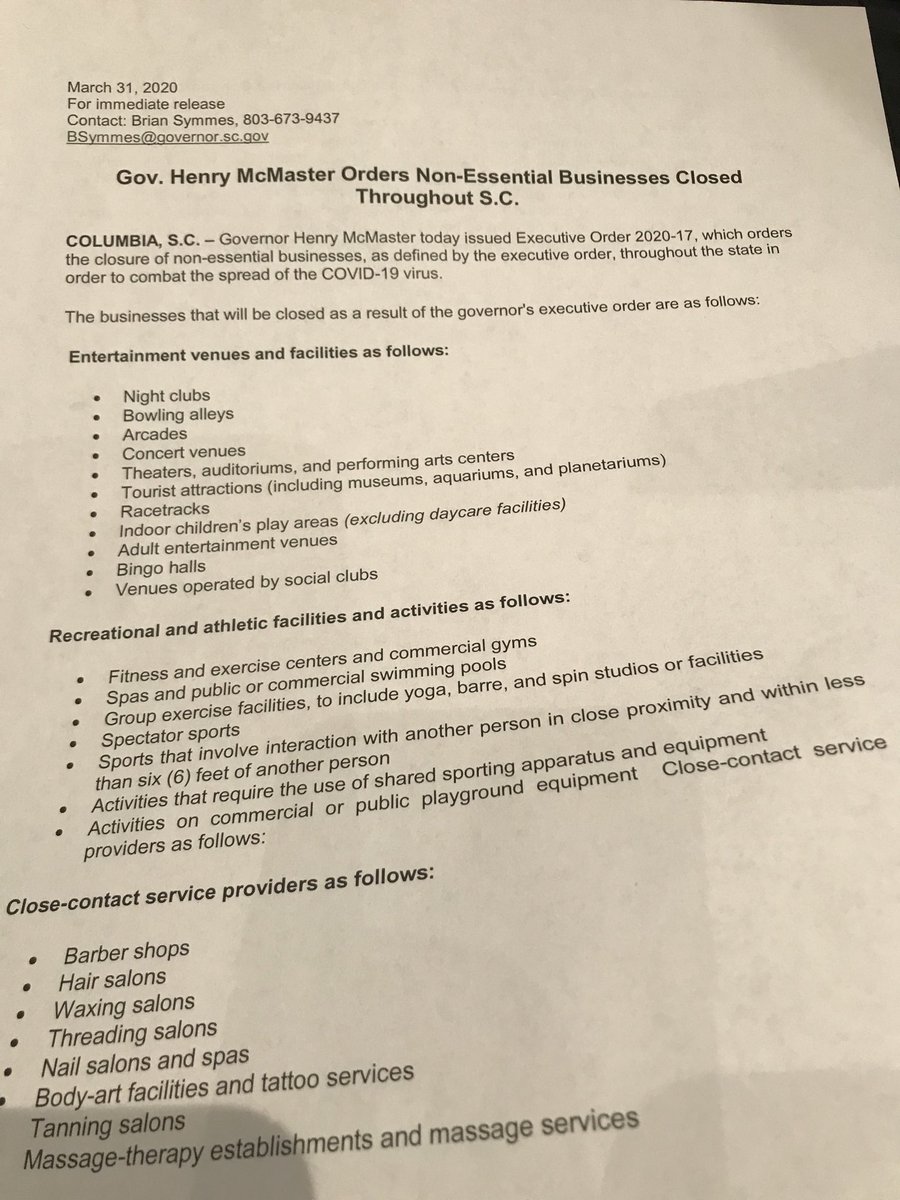 seannaadcox_sn's tweet photo. Here is the list of the types of businesses that must close in SC under ⁦@henrymcmaster⁩’s order shutting down “nonessential” businesses https://t.co/wR0tXE33Xv