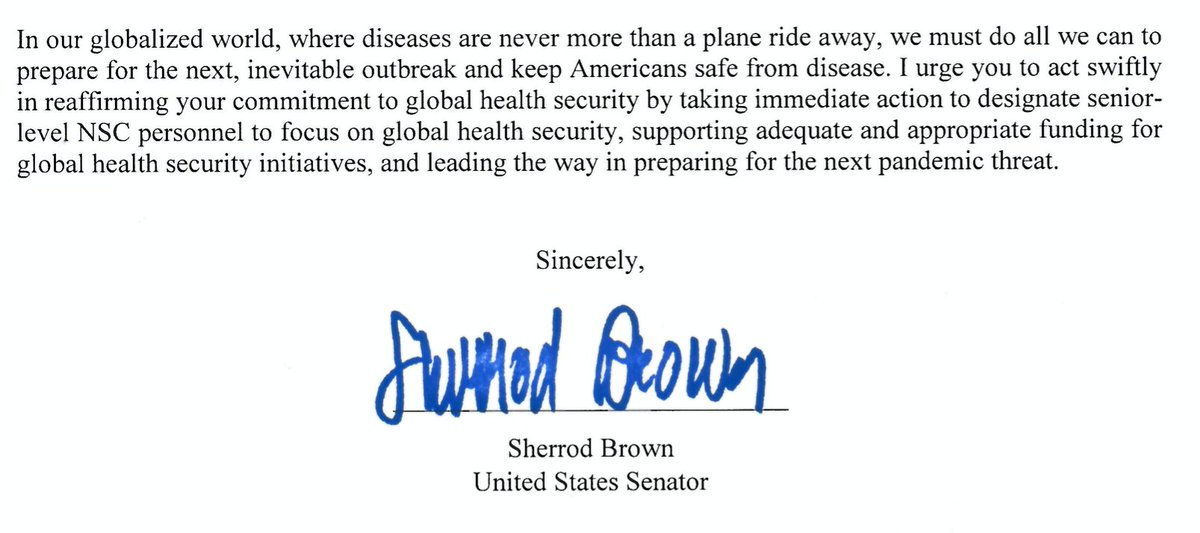 May 2018:  @SenSherrodBrown, in a letter protesting the elimination of the NSC pandemic response team, requests the administration urgently re-prioritize global health security