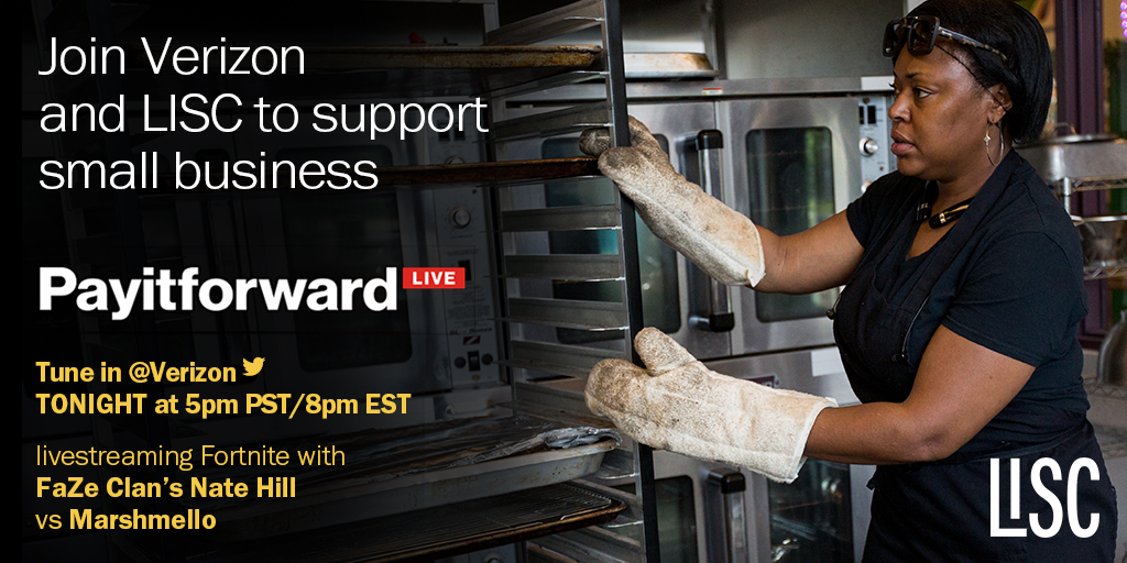Raise money for your fave #SmallBiz by tagging them during <a href="/NateHillTV/">Nate Hill</a> &amp; <a href="/MarshmelloMusic/">marshmellomusic</a>’s #PayItForwardLIVE stream tonight at 8PM ET! For each #smallbiz tagged, <a href="/Verizon/">Verizon</a> will add $10 to <a href="/LISC_HQ/">Local Initiatives Support Corporation (LISC)</a>’s #RapidRelief Fund for #COVID19 recovery! verizon.com/pay-it-forward…