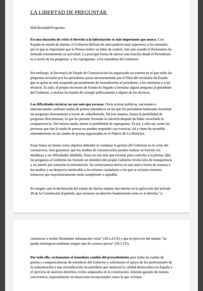 #LaLibertadDePreguntar 👉 No hay ningún impedimento tecnológico para que los periodistas pregunten sin filtros en  ruedas de prensa. Este manifiesto,al que me sumo, defiende la libertad frente al control de las preguntas google.es/amp/s/www.abc.…