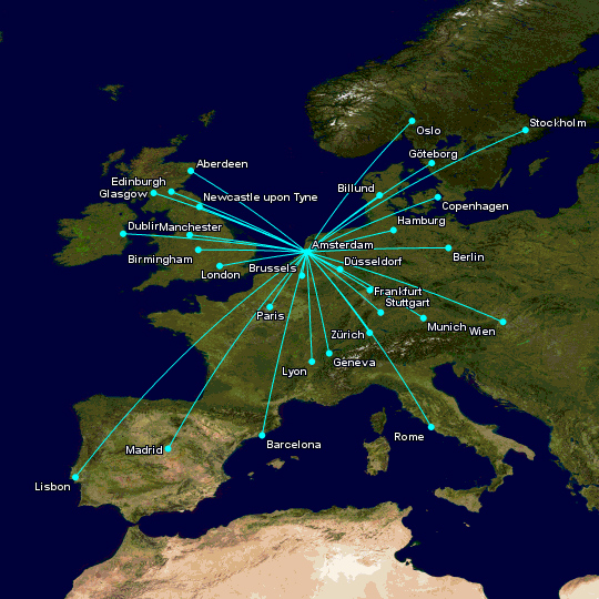 La pandemia del #COVIDー19 ha parado como nunca al mundo. Las aerolineas son el mejor reflejo de ello. La imagen muestra la red actual de <a href="/KLM_ES/">KLM Spain</a>, con un vuelo diario cada uno de esos destinos. Algo impensable de un operador tan global. #VolveremosaViajar
