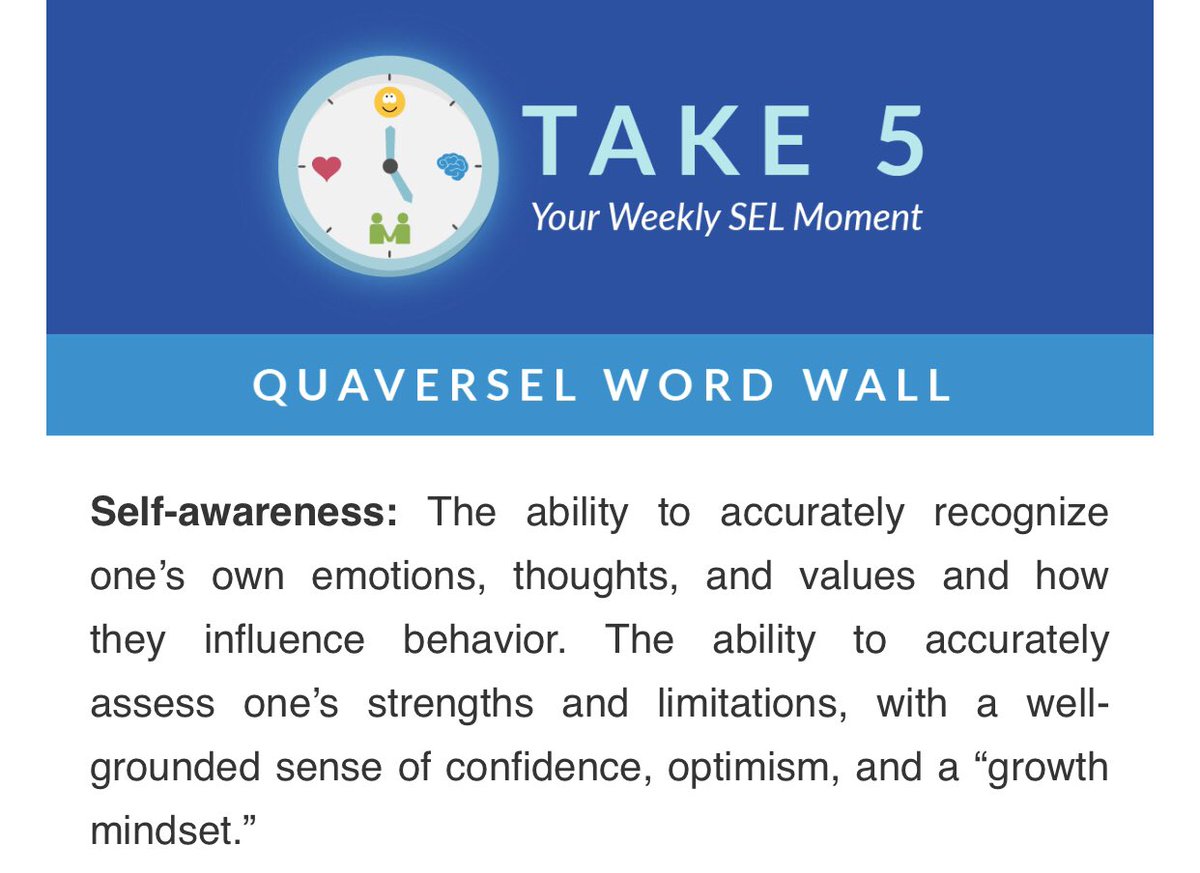 #Take5 This week’s @Quaver_SEL #wordwall word, is self-awareness. Self-awareness:  The ability to accurately recognize one’s own emotions, thoughts, and values and how they influence behavior. #beaware #selfaware #sel #selmatters