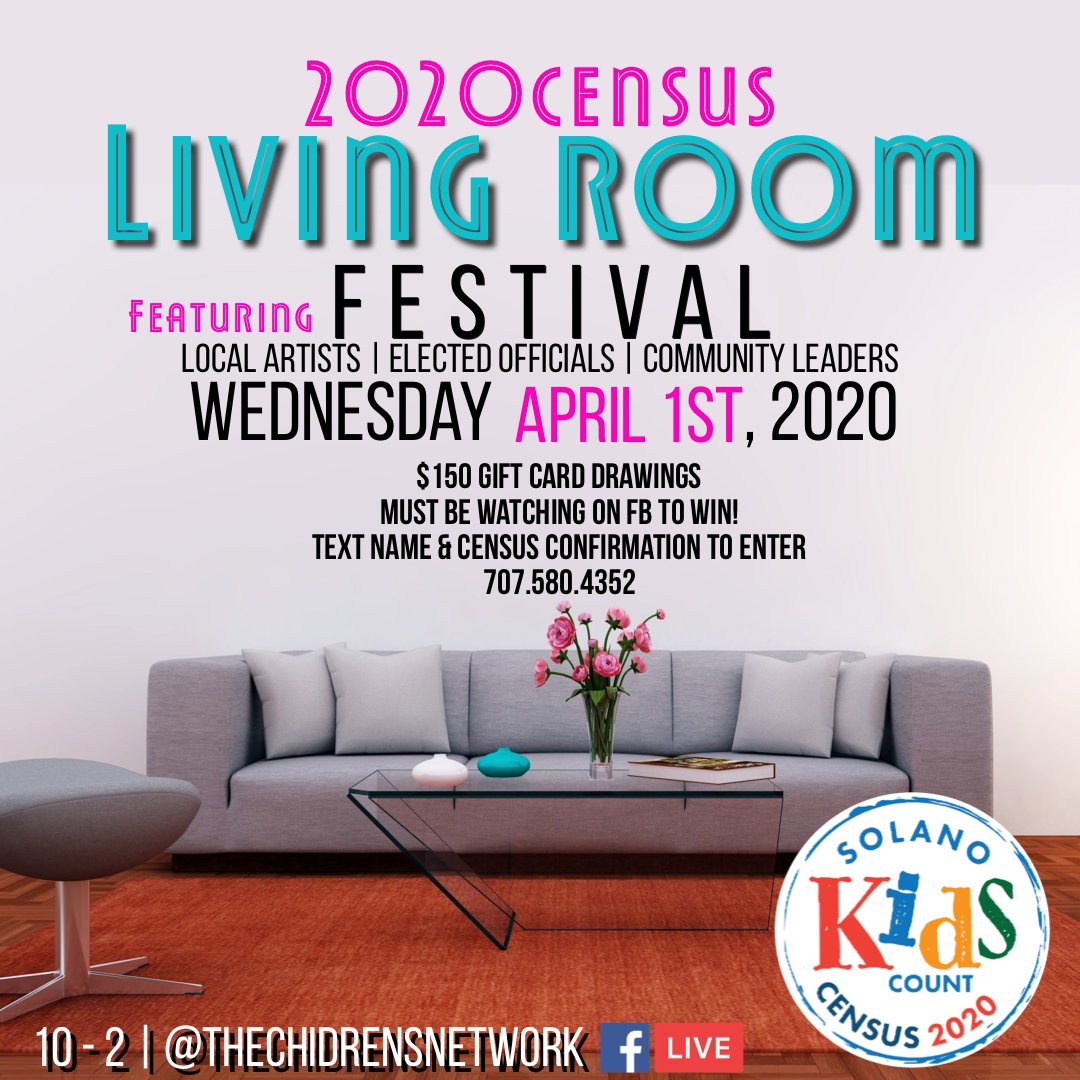 ChildrensNet's tweet photo. Tomorrow is April1st our official CENSUS DAY Join the living room festival on FBLIVE with local artists, officials, leaders a drawing on FB for $150 gift card for census takers. #2020census #SolanoKidsCount #CountAllKids #EveryonecountsSolano #Census2020 #HagaseContar #BeCounted https://t.co/EM4BtyANB7