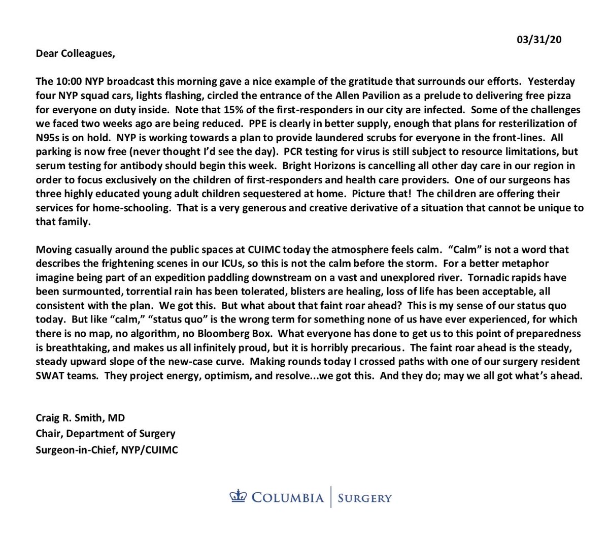 COVID-19 Update: Tuesday, 3/31/20Latest update from Dr. Smith on the  #COVID19 crisis:  https://columbiasurgery.org/news/covid-19-update-dr-smith-33120