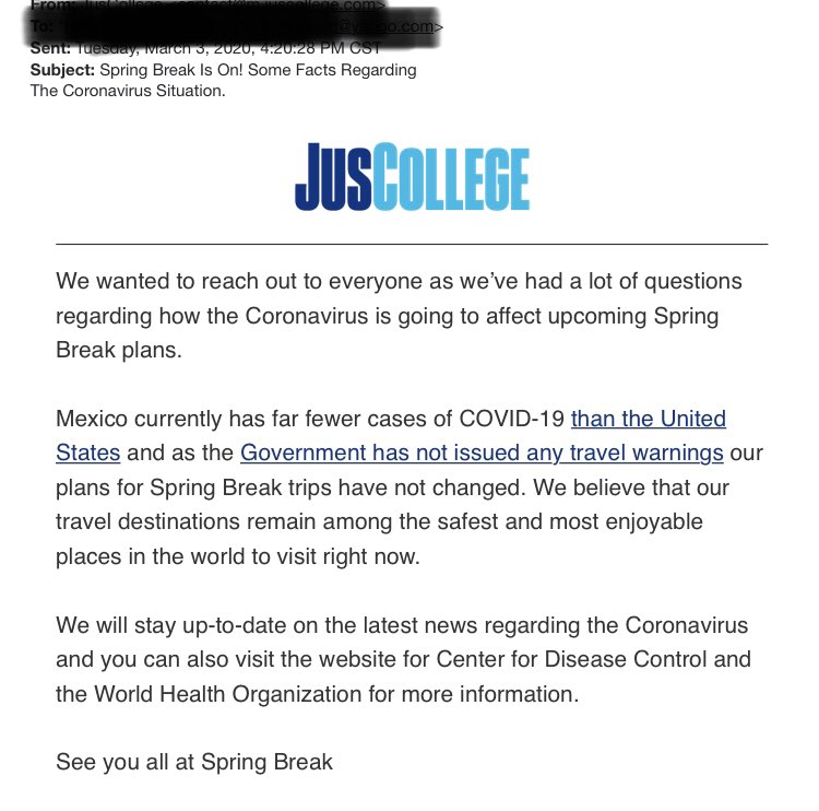 Bryce_Newberry's tweet photo. NEW: The @UTAustin students who traveled to Cabo, 28 of whom have tested positive for #coronavirus, were part of a @JusCollege trip. This is an email the company sent to travelers on March 3, 11 days before students left #Austin. I’ve reached out to the company. https://t.co/6oefcduoVW