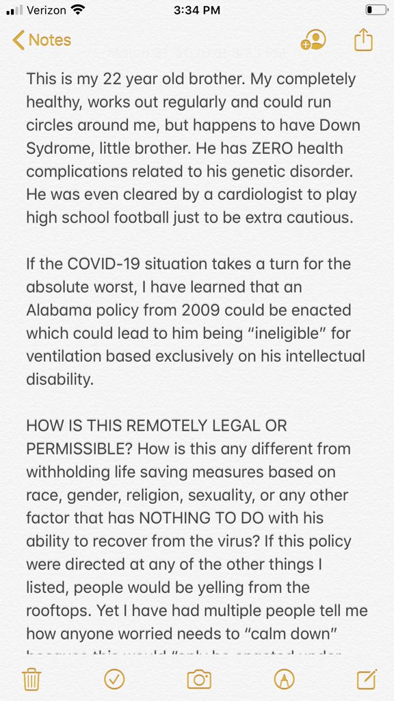 Amy_Lissa's tweet photo. My thoughts regarding Alabama’s public health document that lists “mental retardation” (THEIR words, not mine) as a disqualifier for ventilation in a time of crisis. 
Please share to spread awareness. This policy needs to change immediately. #COVID19 https://t.co/DY0TNe1RVM