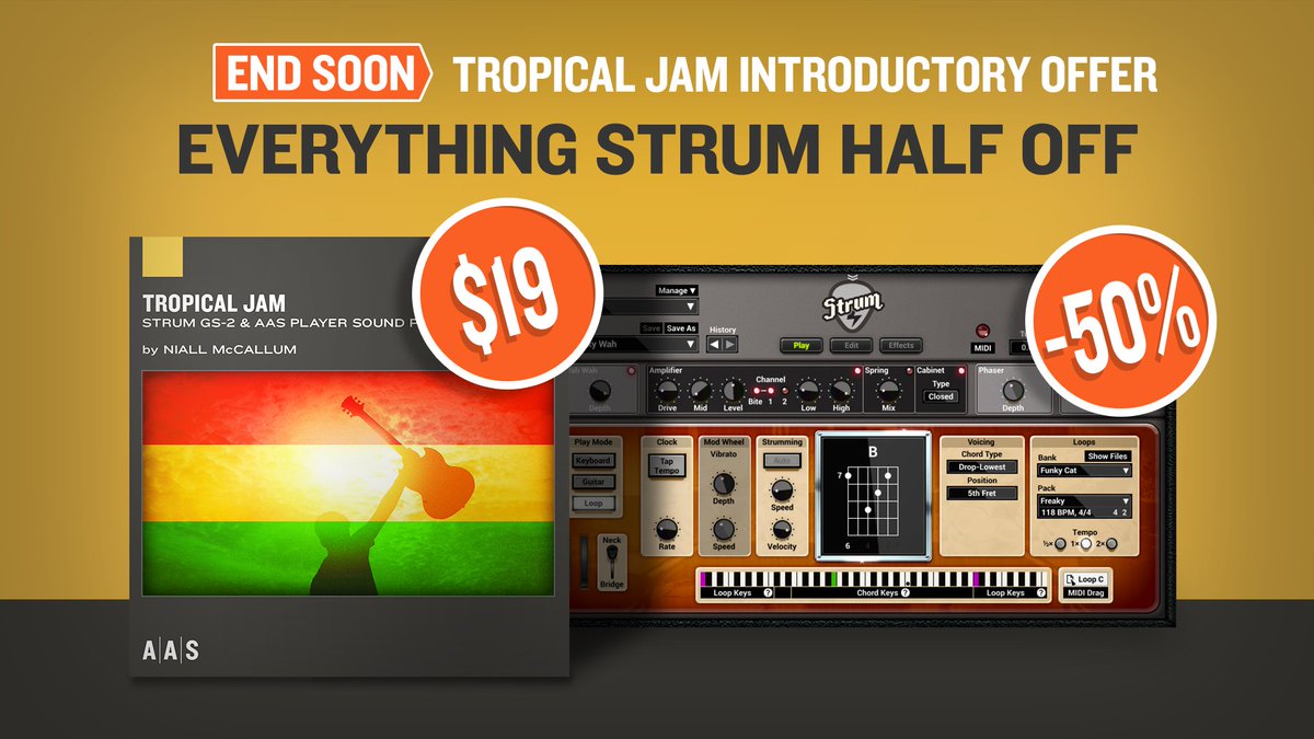 AAS_News's tweet image. The Tropical Jam #soundpack introductory offer is coming to an end. Get this pack for Strum GS-2 and AAS Player sound bank by Niall McCallum at 50% applied-acoustics.com/promo/ 50% OFF everything Strum! #reggae #dub #plugin #synth #synthesizer