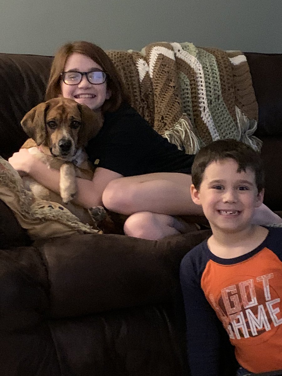 MrsANWalsh's tweet photo. Miles and Natalie hanging with their dog Lucy!🐾 #VirtualSpiritWeek #RESSPROUD @mrscameron209  @RinggoldSouth  @RSDRAMS https://t.co/BZNrh4gEcN