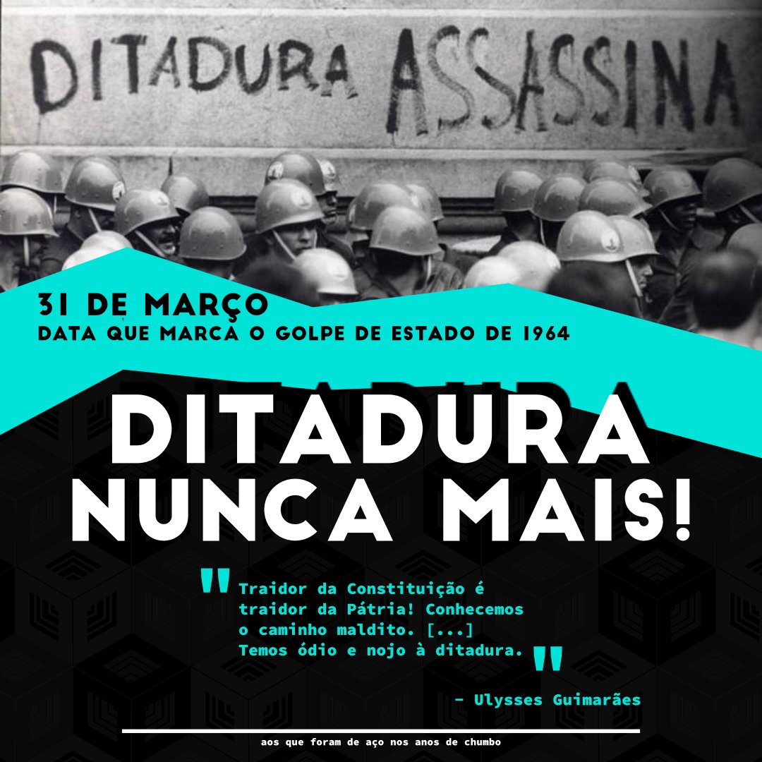 mdrealengo's tweet photo. Jamais se enganem: 1964 foi um Golpe de Estado. A Ditadura Militar representa uma marca vergonhosa na história de nosso país, que nunca deve ser exaltada ou louvada. 

#DitaduraNuncaMais https://t.co/48nfmhhLhs
