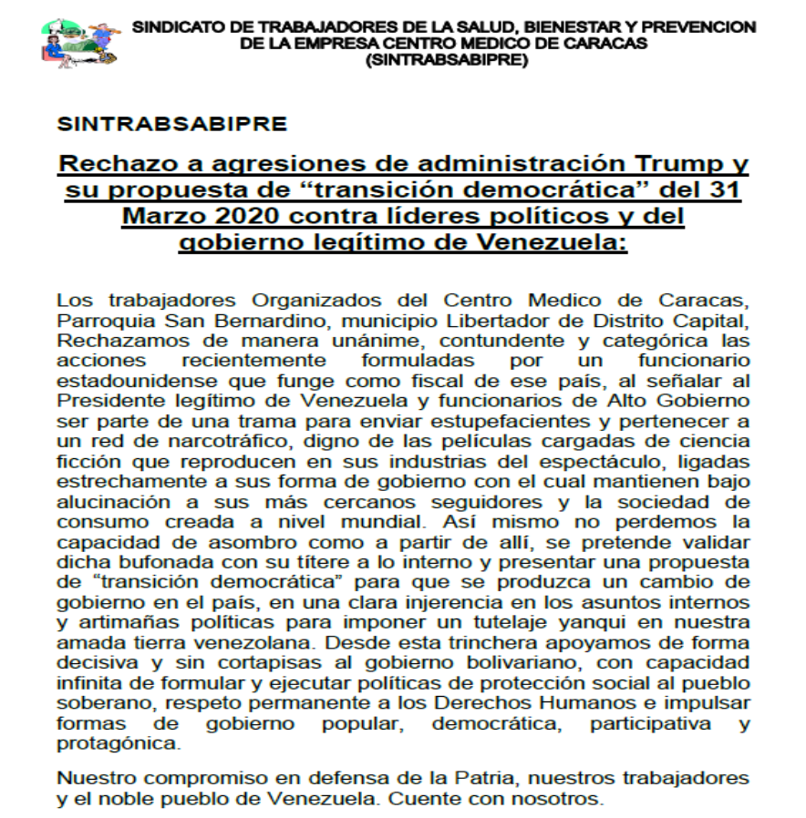 SINTRABSABIPRE's tweet photo. .@NicolasMaduro,@EduardoPinateS,@MPPPSTVe,@torrealbaf,#Venezuela #Salud #Clínica #CentroMédicoDeCaracas, 
@UNoticias,@ElUniversal,@DiarioTalCual,@VTVcanal8,@SINTRABSABIPRE Rechazamos de manera contundente acciones de administracion Trump gobierno de Venezuela y nuestra soberania https://t.co/XStWkjmIv8
