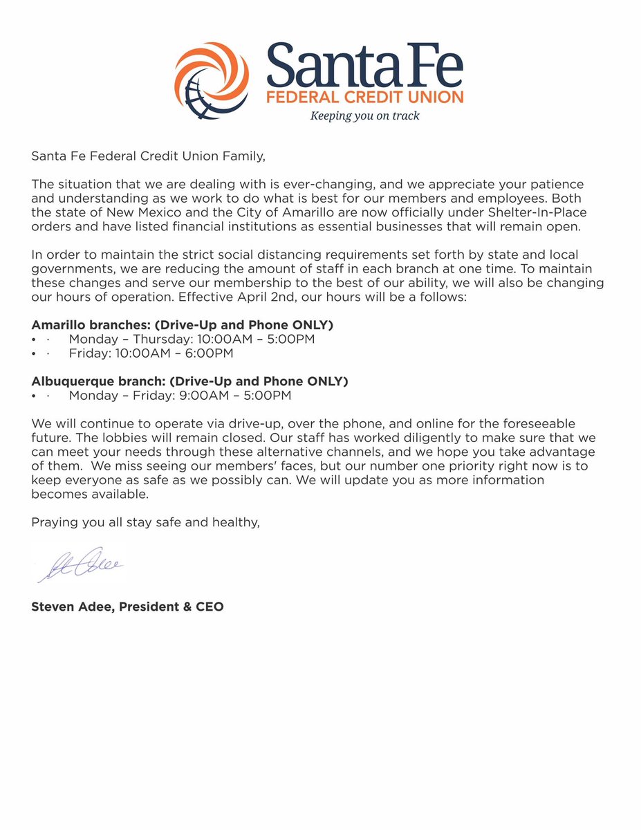 New temporary hours. Please read this letter from our CEO.