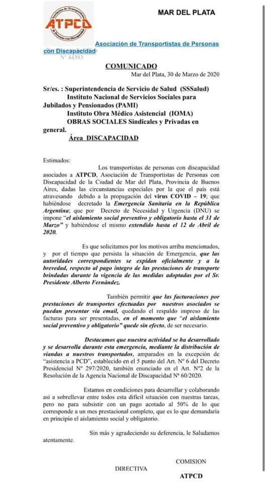 ATRAES_SANTAFE's tweet photo. sobre la continuidad de la cadena de pagos durante este Aislamiento Social Preventivo y Obligatorio.

#SSS #PAMI #IAPOS
#ATRAES #FATRADIS https://t.co/NwFpl5LvyT