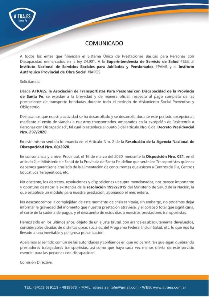 ATRAES_SANTAFE's tweet photo. sobre la continuidad de la cadena de pagos durante este Aislamiento Social Preventivo y Obligatorio.

#SSS #PAMI #IAPOS
#ATRAES #FATRADIS https://t.co/NwFpl5LvyT