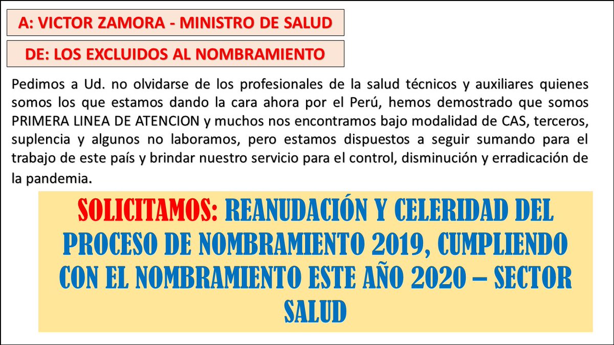 Fiore_MFlores's tweet photo. @victorzamora Señor Ministro, buenas noches, para agradecerle de antemano el pedido de todos mis compañeros del Colectivo Nacional de Nombramiento 2019, se reanude nuestro proceso de nombremiento, que nos corresponde por derecho y ley, y que venimos luchando desde el año 2014...! https://t.co/uracPQG76M