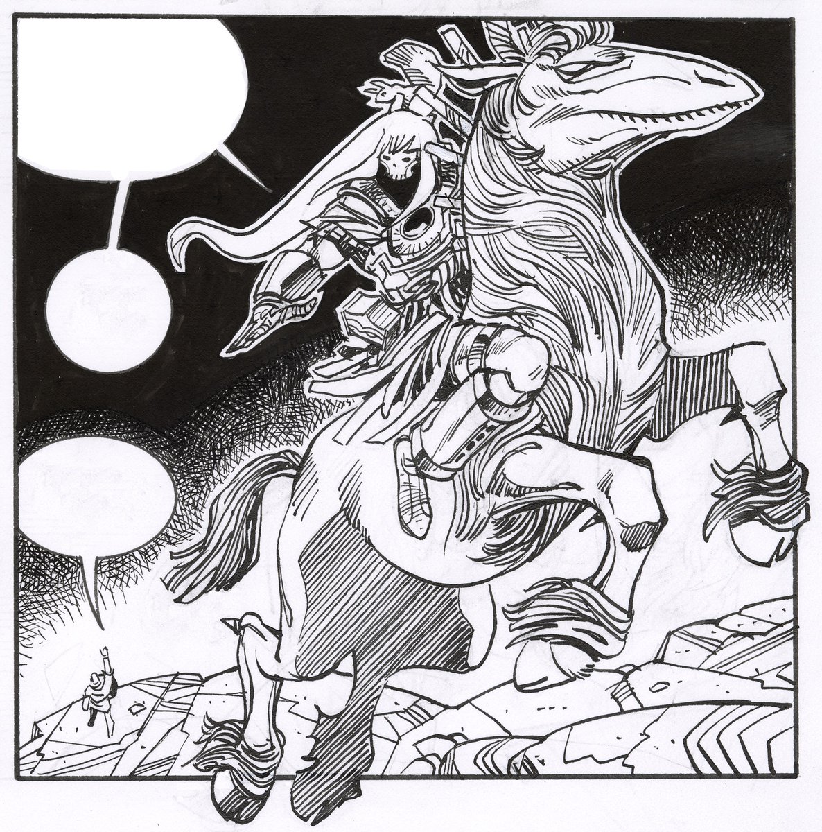 Thor and Lady. Pen and India ink. 6.8 x 6.9. 2020.

Haven't really explained this in the comic, but Thor's riding a combination  goat (as in Norse mythology) and a water horse (found in various stories in northern European folklore Europe). From Ragnarök, published by IDW.