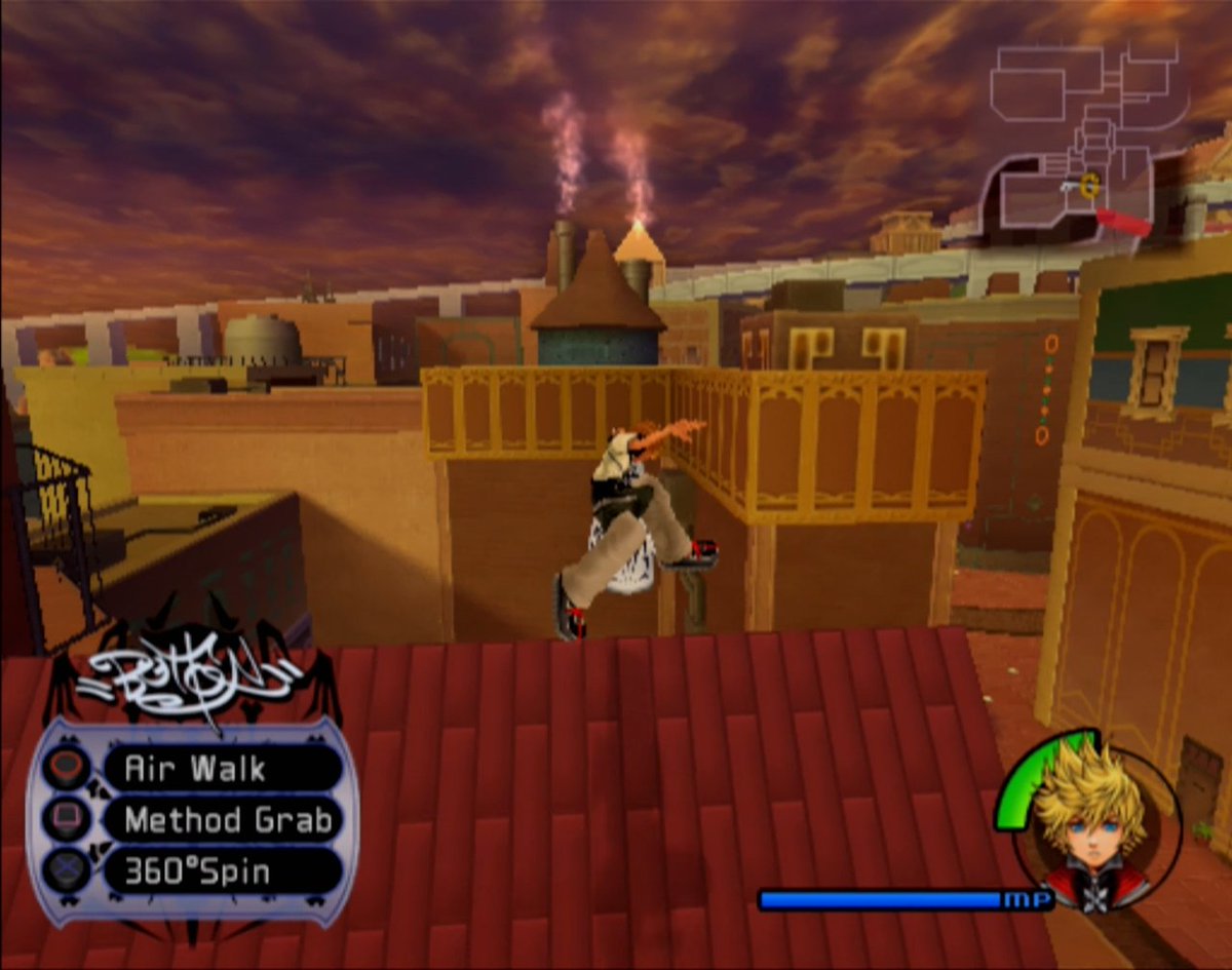 so like back to KH2that skateboard?you can ride the skateboard, you can grind ledges, you can do MULTIPLE tricks, and it serves *literally no purpose except to be rad*like a whole custom movement system with a whole set of animations, for one throwaway asset in the prologue