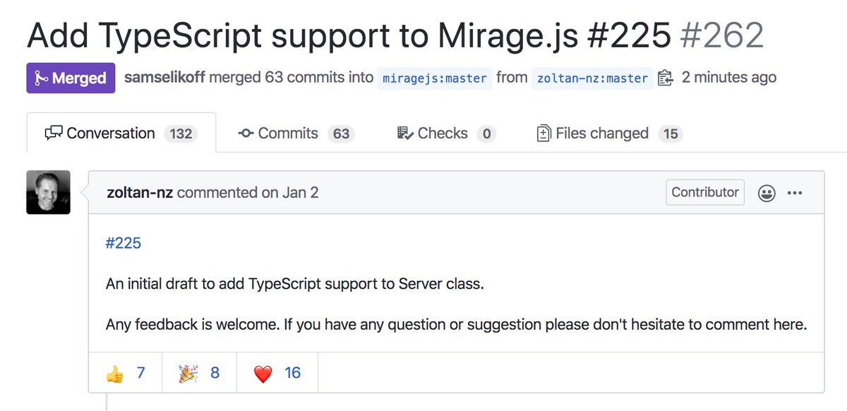 🚀 63 commits, 3 contributors and 132 comments later, <a href="/TypeScript/">TypeScript</a> types just landed in <a href="/miragejs/">Mirage JS</a>!

Thanks so much to <a href="/zoltan_nz/">Zoltan</a> for spearheading, and <a href="/jamscdavis/">James C. Davis (he/him)</a>, <a href="/chriskrycho/">Chris Krycho</a>, <a href="/__dfreeman/">Dan Freeman</a> + others for pushing it across the finish line.

Look out for a release very soon 👍