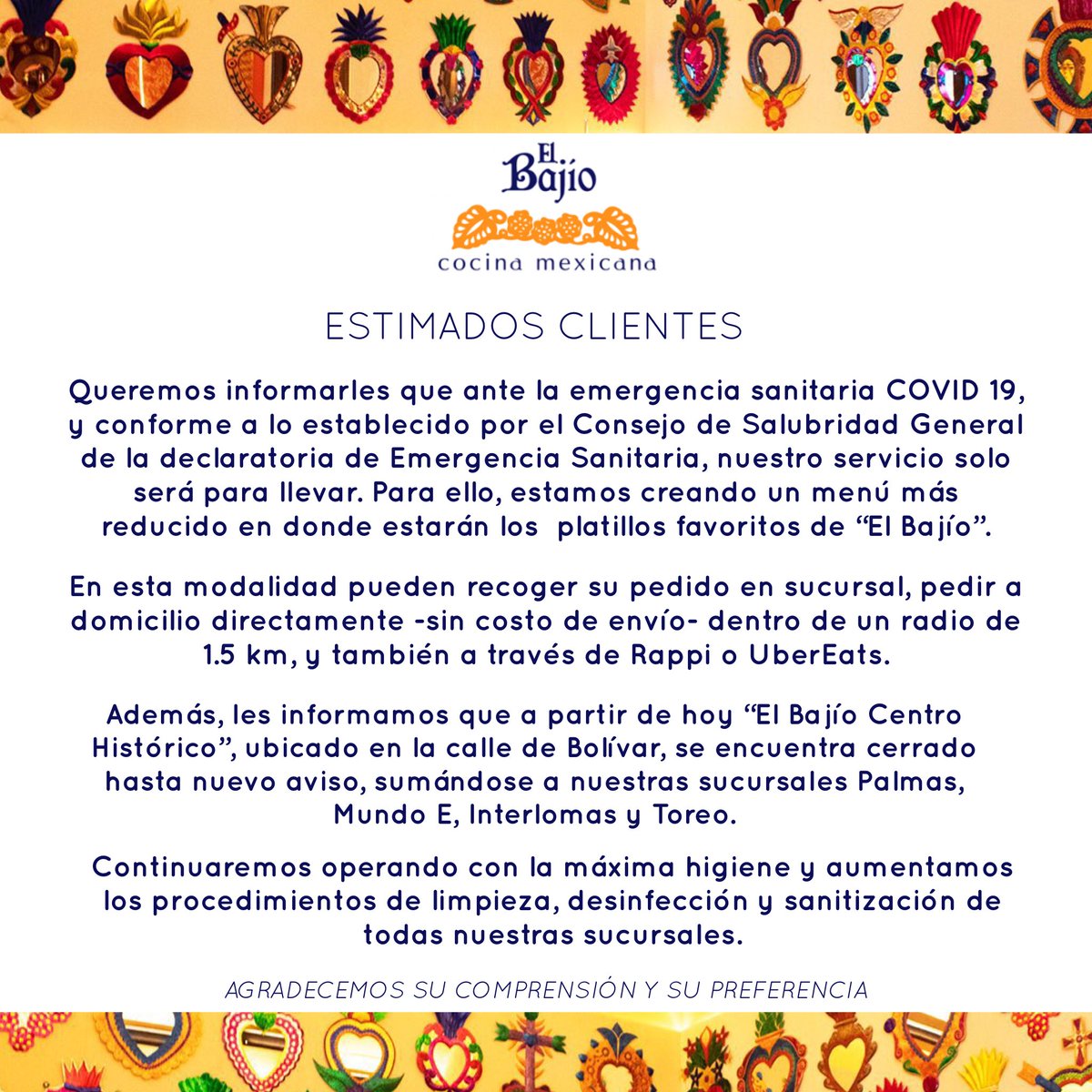 Rest_ElBajio's tweet image. Debido a la Emergencia Sanitaria, en “El Bajío” estamos trabajando en la creación de un menú más pequeño para que puedas seguir disfrutando de nuestros platillos clásicos. Además, queremos informarles que “El Bajío Centro Histórico” cierra sus puertas hasta nuevo aviso.