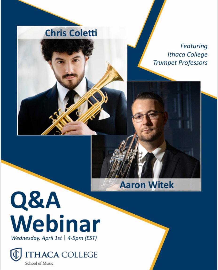 colettitrumpet's tweet photo. Another Webinar/Q&amp;A tomorrow 4/1/20 @ 4pm ET featuring me + Dr. Aaron Witek of @IthacaCollege live streamed live @ https://t.co/baj5ybThcJ +  https://t.co/sXUIwKwrFk  #trumpet #trumpets #trumpeter #trumpeters @ICTrumpets @IthacaMusic @Trumpetman1624 https://t.co/9kyxmEZ96t