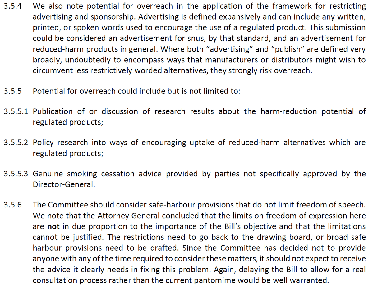 Restrictions on advertising will prevent a lot of people learning about reduced-harm alternatives.The restrictions were deemed unjustifiable by the Attorney General. And they risk overreach. My submission could be considered an illegal advertisement for snus!
