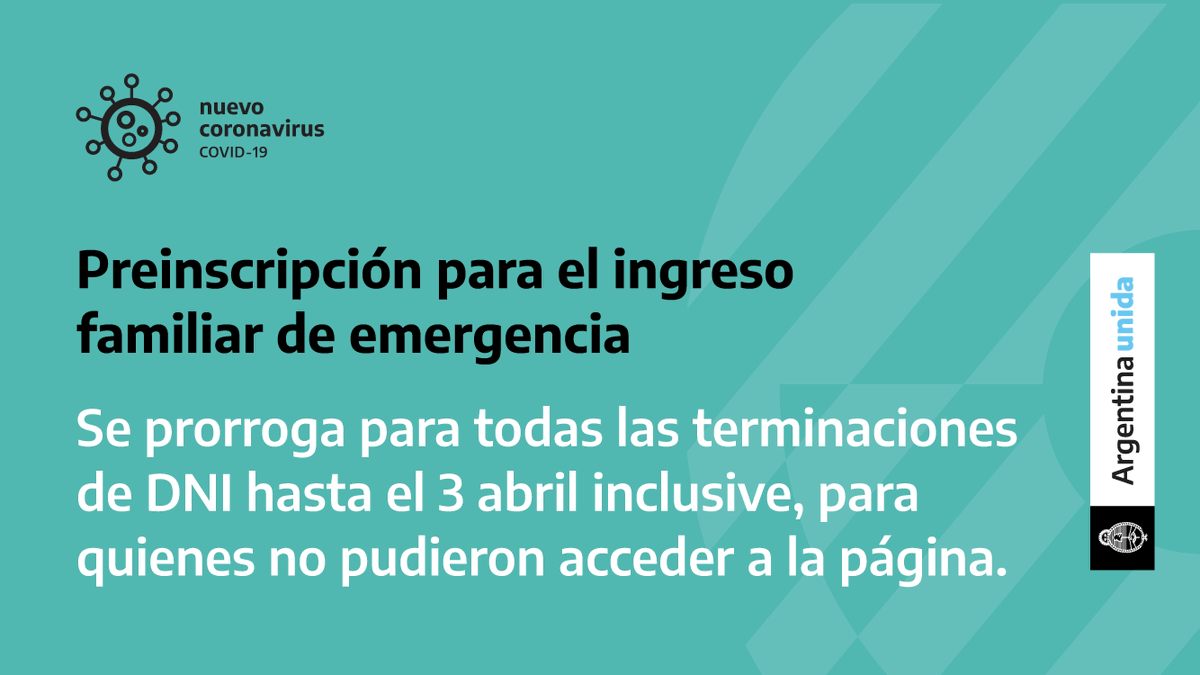 SantiagoCafiero's tweet image. Del 1 al 3 de abril pueden preinscribirse al Ingreso Familiar de Emergencia los que no hayan podido anteriormente.

Quienes reciben Asignación Universal por Hijo o por Embarazo no tienen que hacer el trámite.

Más información en anses.gob.ar/ingreso-famili…

#CuidarteEsCuidarnos