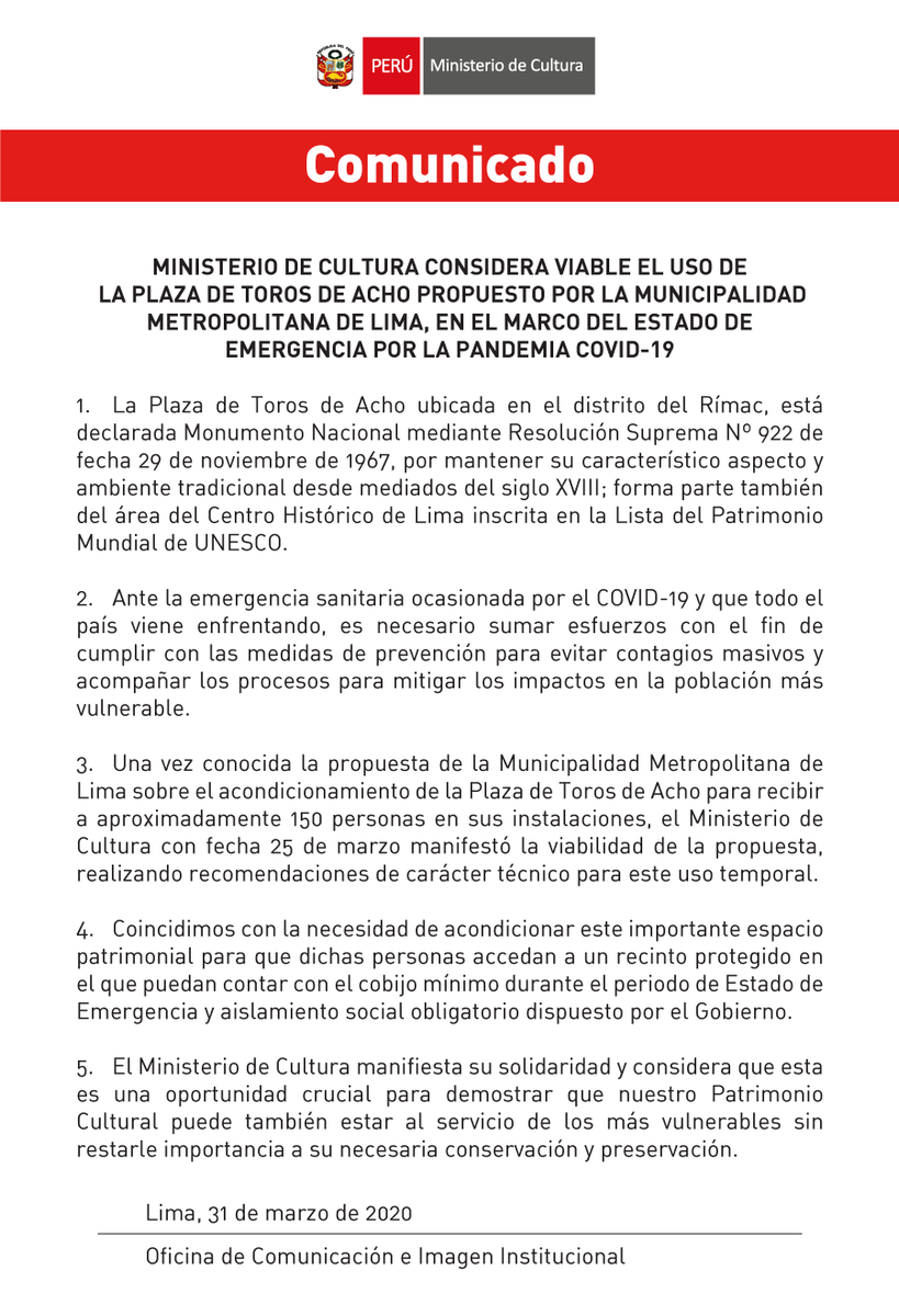 MinCulturaPe's tweet photo. [#COMUNICADO] El @MinCulturaPe considera viable el uso de la Plaza de Toros de Acho propuesto por la @MuniLima, en el marco del Estado de Emergencia por la pandemia #COVID-19: https://t.co/tT5rmQt35M
