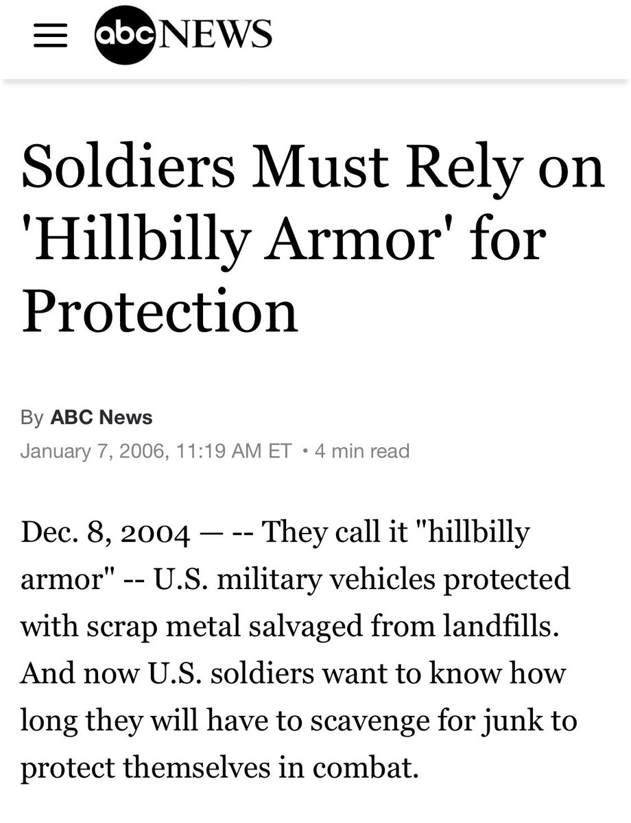 Took like 4 years of military families going crazy on the government after their loved ones got blown to bits in “hillbilly armor” scavenged from junkyards before anything changed. And it only changed cuz it was a PR scandal. Biden owns that legacy as much as Bush.