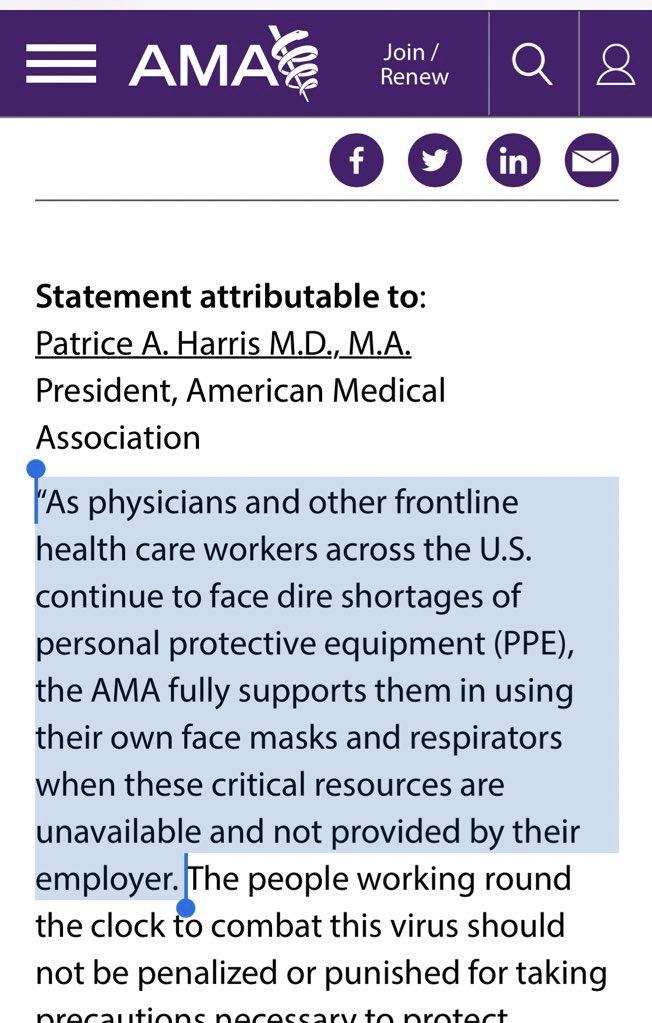 Wow! And a statement of support from  @AmerMedicalAssn   https://www.ama-assn.org/press-center/ama-statements/ama-supports-health-care-workforce-using-their-own-ppe