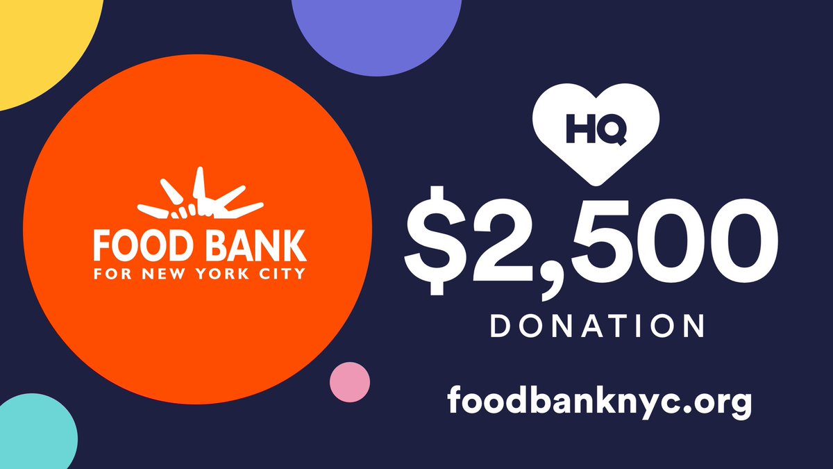 hqtrivia's tweet photo. Tonight’s prize matching donation is going to @FoodBank4NYC. 

They’ve made our city a MUCH better place by serving over a billion meals since 1983. 

If you’re in a helping mood check out https://t.co/mkStt4e7mJ https://t.co/pvStNfPYKK