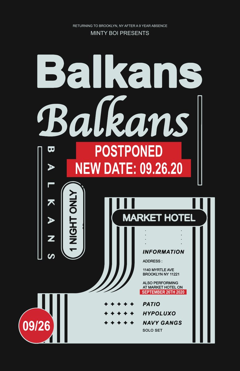 mintyboiboi's tweet photo. Happy to announce that @BALKANSBALKANS  reunion show at @markethotelnyc has been rescheduled for Saturday, September 26th! 

All tickets for April 4th will be honored. * 

tix ➠ https://t.co/r7hciVMvVC https://t.co/pZpAGmli9z