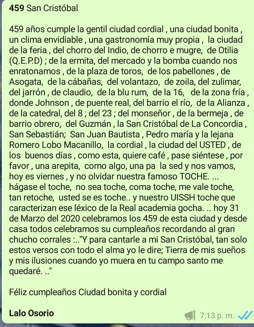 Te abrazo y te canto el cumpleaños Feliz mi querida Ciudad cordial ... #SanCristobal #459AñosCordiales