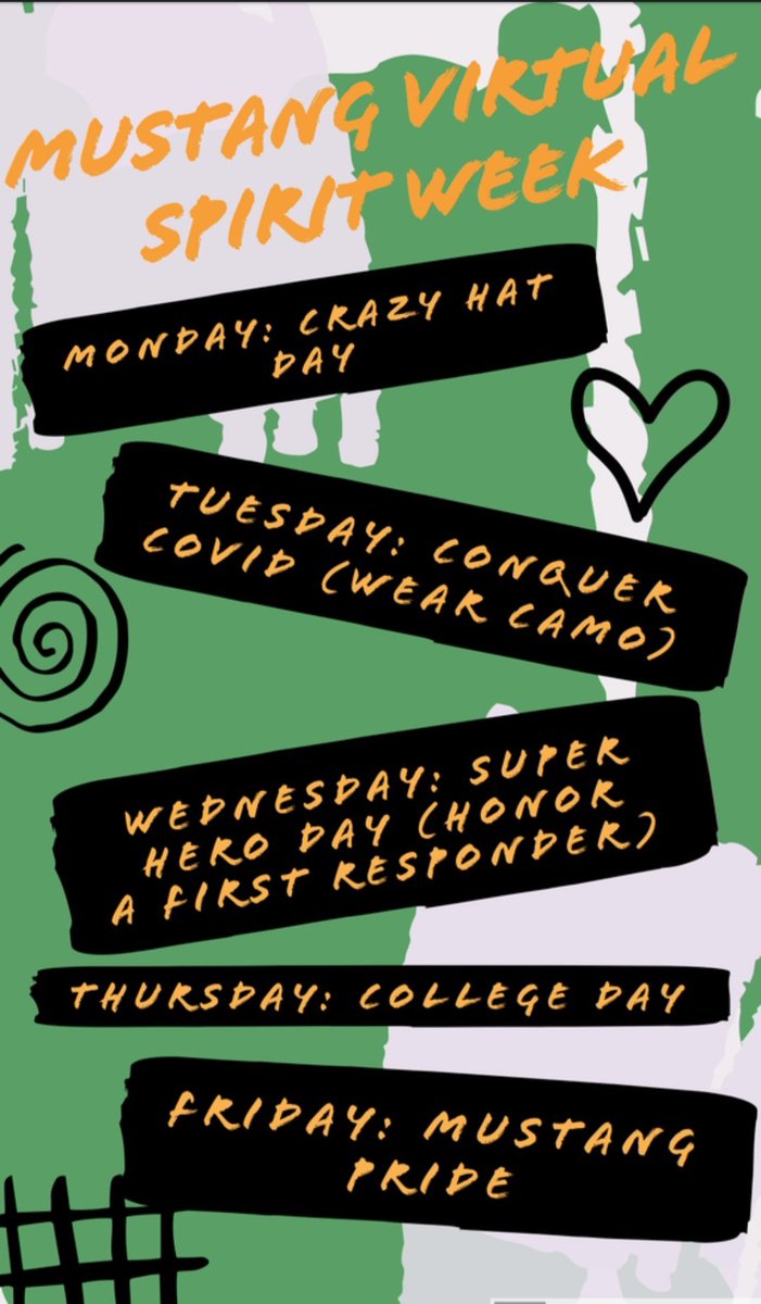 Despite these challenging times, let’s keep up the Mustang spirit! We can’t wait to see everyone’s virtual school spirit next week🧡💚