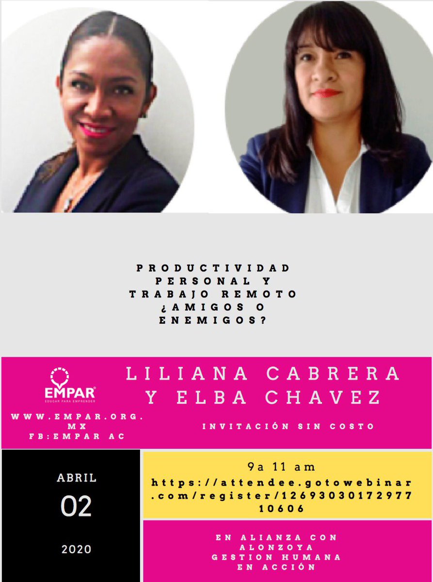 AEVMex's tweet photo. Te recordamos esta invitación a participar en este interesante taller sobre “Productividad personal y trabajo remoto ¿Amigos o enemigos?” de #Empar en alianza con nuestra empresa asociada @AlonzoyaMexico el 02 de Abril de 9 a 11 AM. Registro: https://t.co/LfbzmloKTQ https://t.co/6EEjHV8GNW