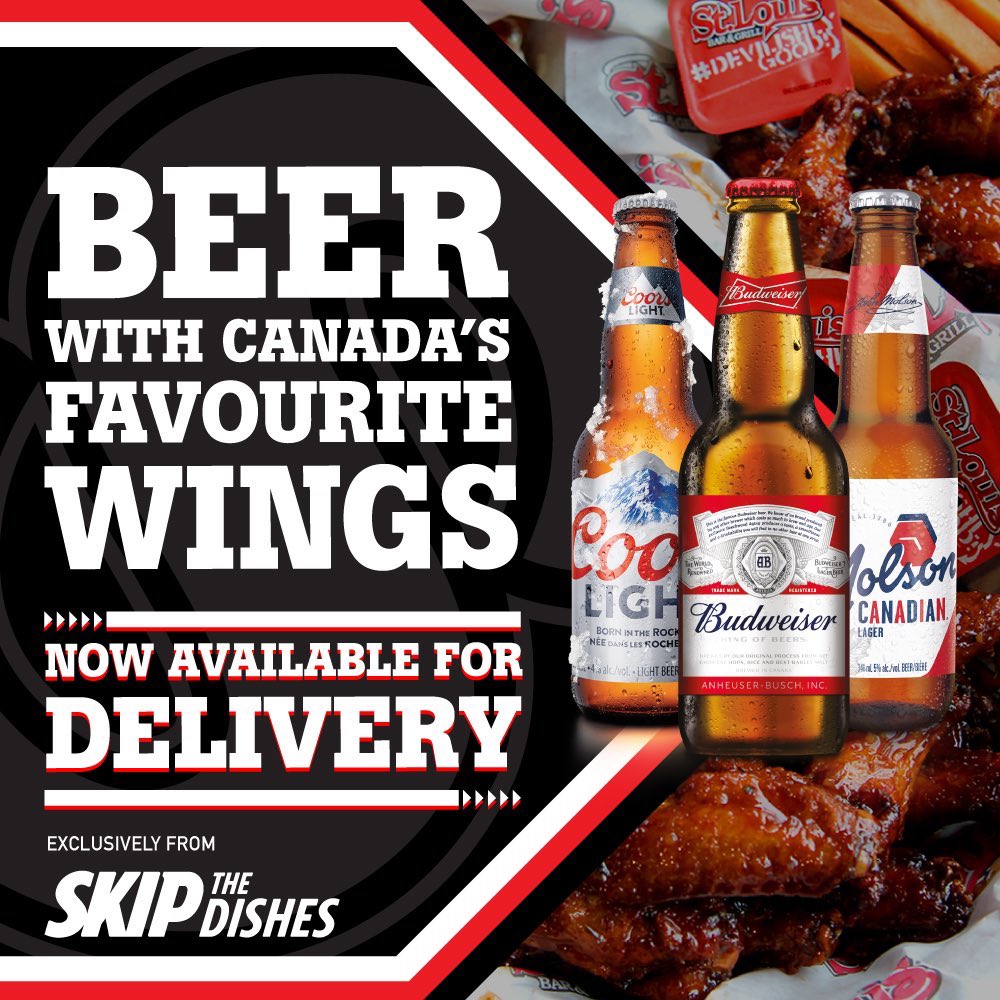 StLouisDixon's tweet photo. Get beer &amp; wings delivered right to your door, exclusively through @SkipTheDishes Must be 19 years of age or older. Please enjoy responsibly. *Alcohol must be purchased with food, only available in select locations offering delivery in Ontario. #Etobicoke #Wings #Beer https://t.co/RQXDxPnYkN