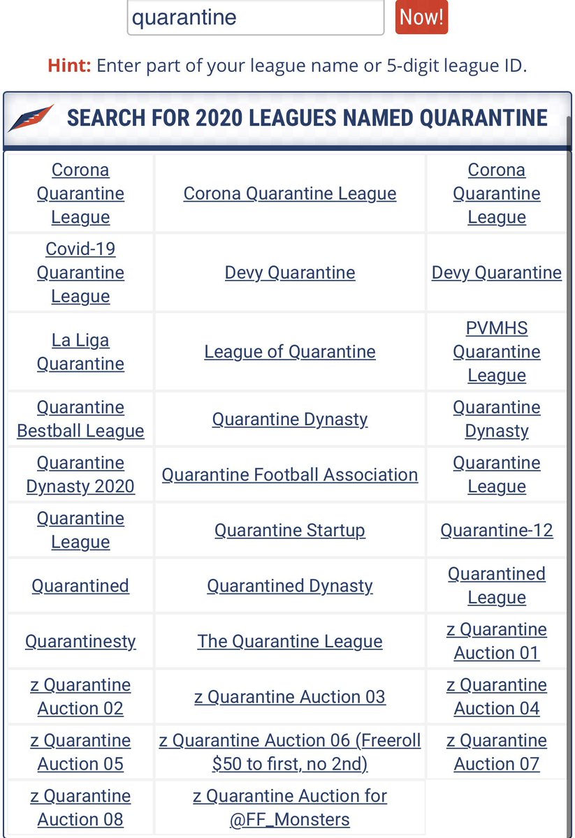 MyFantasyLeague's tweet photo. In 2019, not one of 25,000-plus leagues hosted on MFL included the term “quarantine” in the league title. 2019 > 2020 https://t.co/FjlvJzV4fG