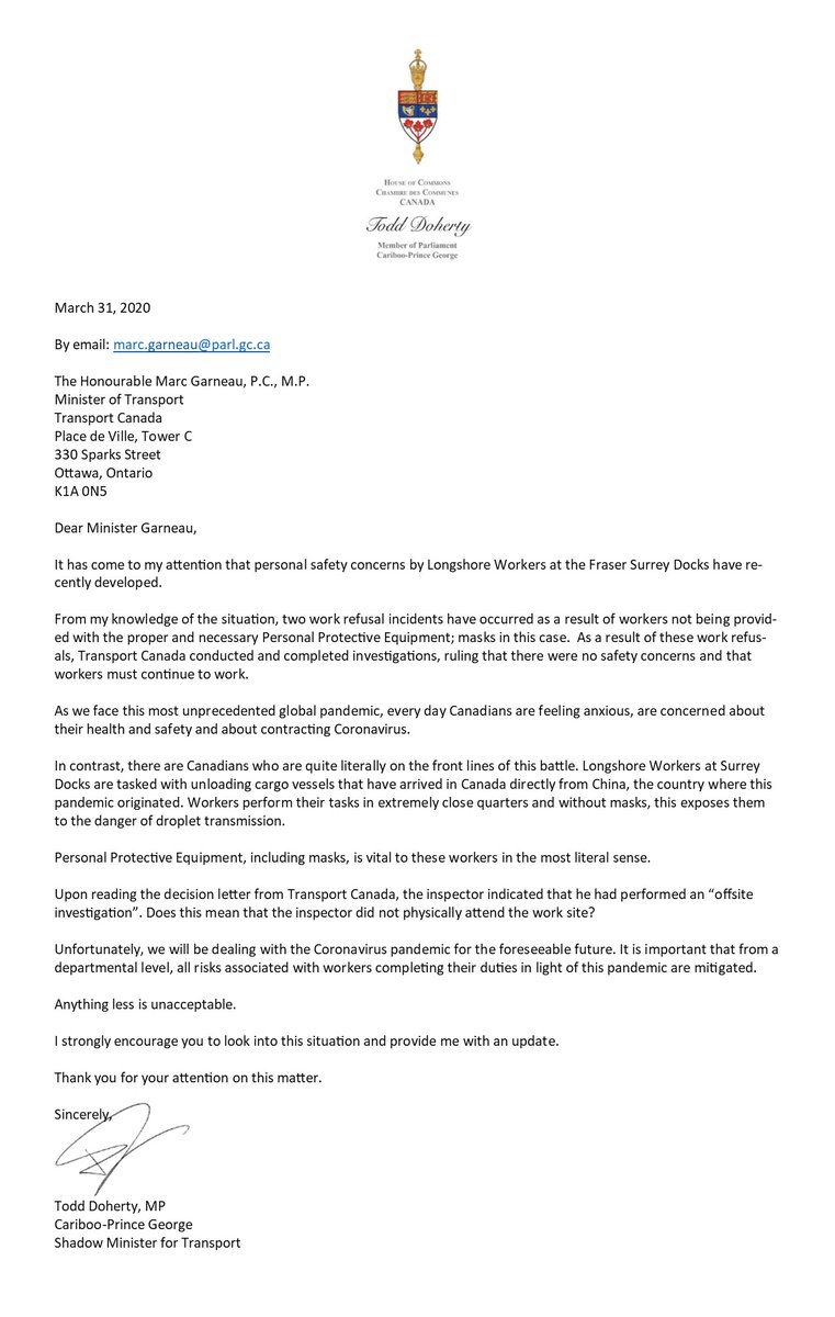 ToddDohertyMP's tweet photo. We cont to press @MarcGarneau regarding #COVID19 impacts on the transportation industry. From airports to airlines, their employees &amp; passengers, to shippers &amp; trucking - to the longshoremen working foreign ships - we’re fighting for for you!
@NACC_CNLA @IATA @BCTruckingAssoc https://t.co/SAulvjZs9Y