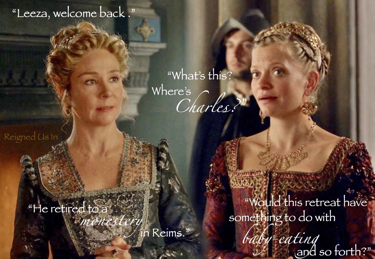 ReignedUsIn's tweet image. Baby-eating?? 😬😏🙄 #problemsproblems #catherinedemedici #Leeza #Reign Rewatch 4x06