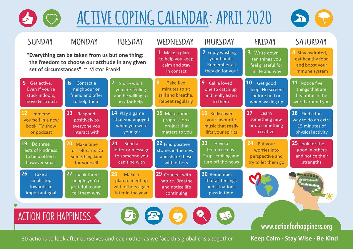 HrFluff's tweet photo. The world is in crisis. Keep Calm, Stay Wise &amp; Be Kind.

This Active Coping Calendar has daily actions for April 2020 to help us look after ourselves and each other as we face this global crisis together.

#together https://t.co/yEYX3BtWmH