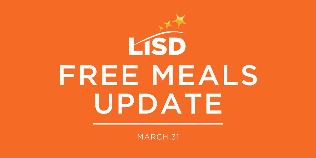 Free Meals Update: Beginning Wednesday, April 1, children do not need to be present to receive free meals. Find a list of pick-up guidelines, meal locations and additional details: LISD.net/COVID19meals. #LISDatHome