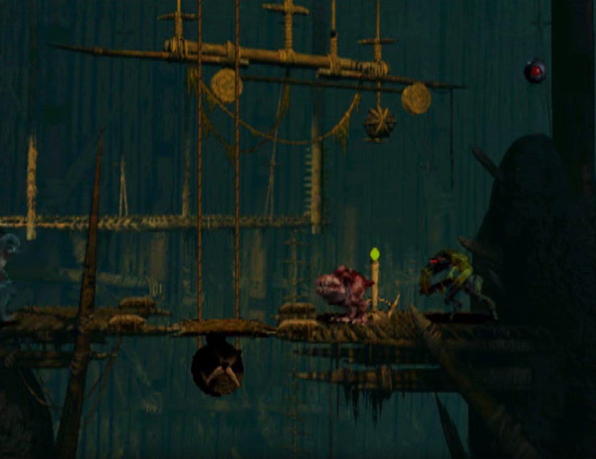 Abe's Oddysee is broken up into 'Zones' that limits interactions. - here, the camera splits the puzzle in two. The player scouts with the back path, and returns to the front to lure the Slig away from a chant suppressor in order to possess them.