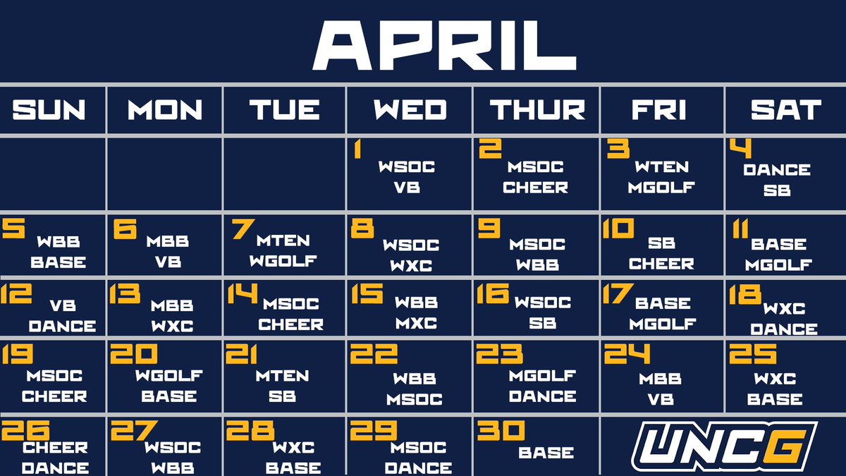 uncgspartans's tweet photo. We’re taking the month of April to recognize all of our senior athletes and spirit groups! Check the calendar below for a preview of what to look out for! We’ll be recognizing 2 seniors per day.👇👇👇 https://t.co/1rYfzciAor